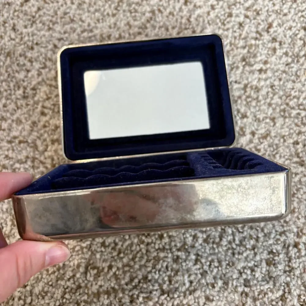 Vintage Silver-Plated Jewelry Box Gold Tone Bow, Blue Felt Interior with Mirror